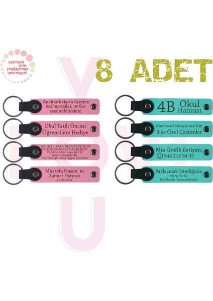 Pembe & Turkuaz, 8’li Set, Kişisel Mesajlı Deri Hediyelik, Aile Buluşmalarına Küçük Sürpriz