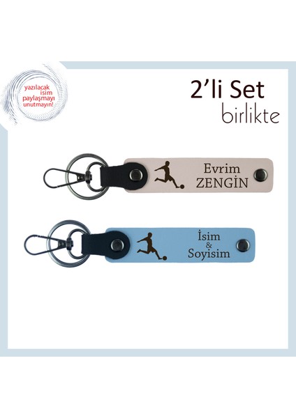 Futbol Temalı Öğretmene Kalıcı Hatıra, Isme Özel Deri Anahtarlık Seti, Pudra-Gök Mavi