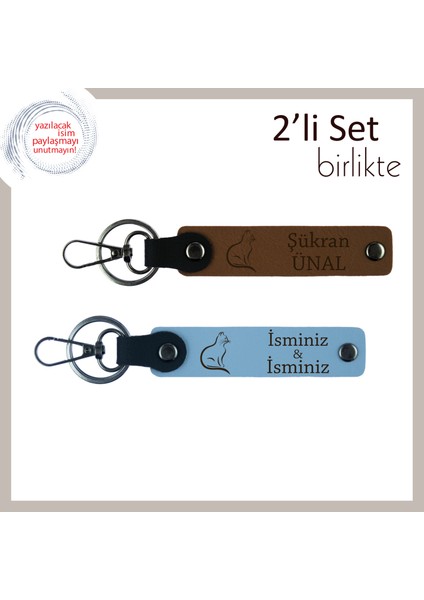 Kedili Tarzı Yansıtan Hediye, Kişisel Isimli 2’li Deri Anahtarlık, Tatlı Pati Temalı, A Kahve-G Mavi