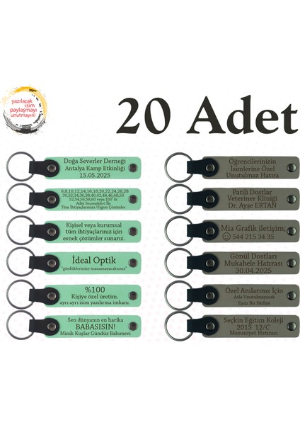 Yeşil & Kül Gri, Fotoğrafçılık Atölyesine Hatıra, 20’li Set, Kişiye Özel Yazılı Deri Anahtarlık