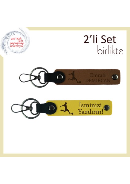 Futbol Desenli Anahtarlık, Sevgiliye Kalıcı Hediye, Kişisel Isim Yazılı 2’li Set, Açık Kahve-Sarı