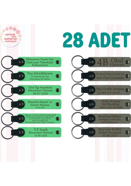 Fıstık Yeşili & Kül Gri, Yılbaşı Kutlamalarına Özel Anı, 28’li Set, Mesajlı Deri Hatıra Anahtarlık