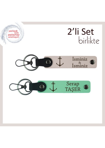 Yelkenli Günbatımı Anılarına Hatıra, Kişisel Çıpa Figürlü Deri Anahtarlık, Pudra-Açık Yeşil