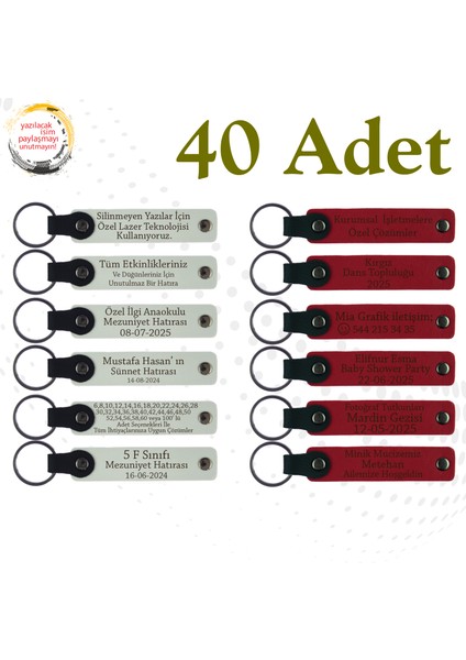 Beyaz & Kırmızı, Bebek Mevlüdüne Özel Anı, 40’lı Set, Isimli Anlamlı Deri Anahtarlık