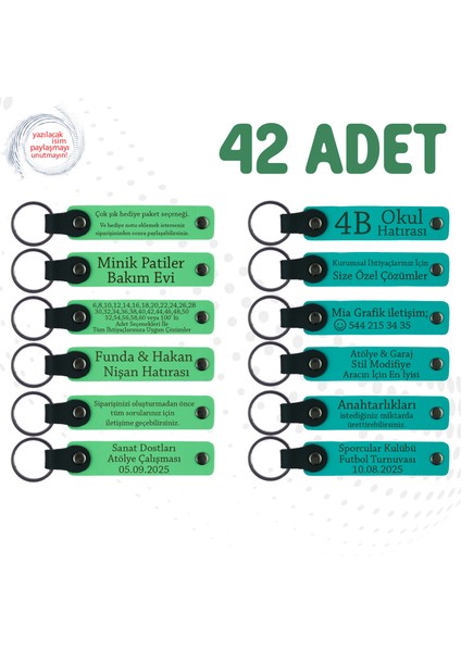 F Yeşili & K Turkuaz, Öğretmenden Karne Hediyesi, 42’li Set, Kişisel Yazılı Deri Hatıra Anahtarlık