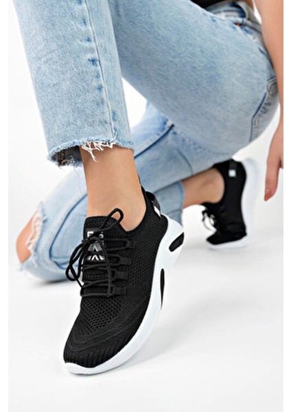 Unisex Triko Sneaker 4555 Model Düz Tabanlı Rahat Siyah Beyaz Ayakkabı indirimleri