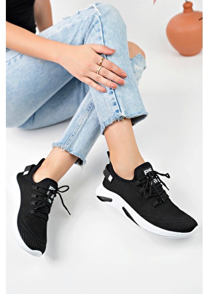 Unisex Triko Sneaker 4555 Model Düz Tabanlı Rahat Siyah Beyaz Ayakkabı