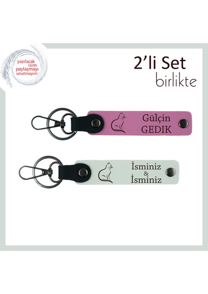 Patisiyle Gönlüne Girenlere, Kedi Figürlü, Isme Özel 2’li Anahtarlık Hediyesi, Pembe-Beyaz