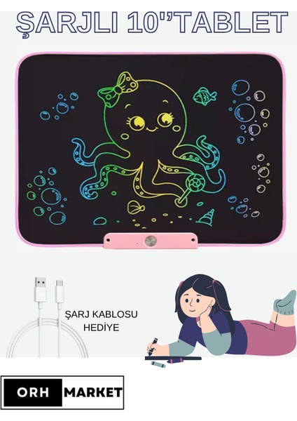 10''Inch Şarj Edilebilir Dijital Kalemli Yazı Çizim Yazma Tableti (Usb Kablo Hediye) Pembe