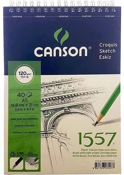 1557 Eskiz Çizim Defteri 120 Gr. Üstten Spiralli A5 40 Sayfa
