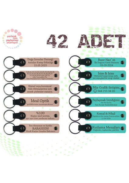 Pudra & Turkuaz, 42’li Set, Kişisel Yazılı Deri Hatıra Anahtarlık, Yılbaşı Partilerine Özel Anı