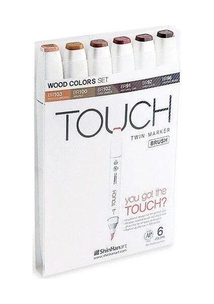 Touch Twin Brush Marker Fırça Uçlu Marker Seti 6 Renk Ahşap Tonları
