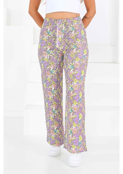 Desenli Beli Lastikli Bürümcük Pantolon Lila - 27681