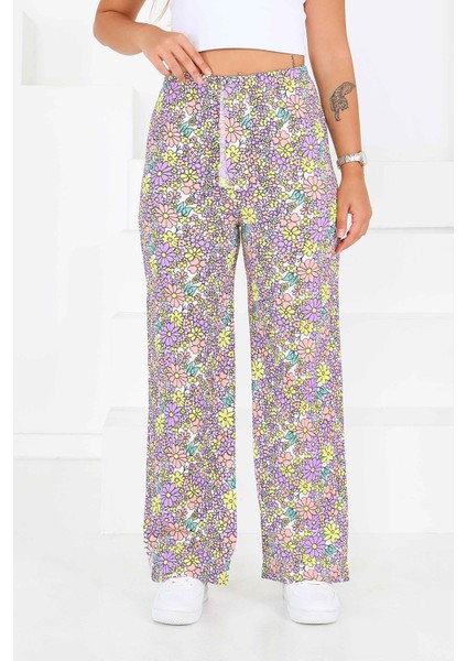 Desenli Beli Lastikli Bürümcük Pantolon Lila - 27681 modelleri