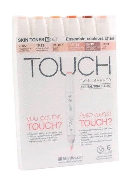 Touch Twin Brush Marker Fırça Uçlu Marker Seti 6 Renk Ten Renkleri B