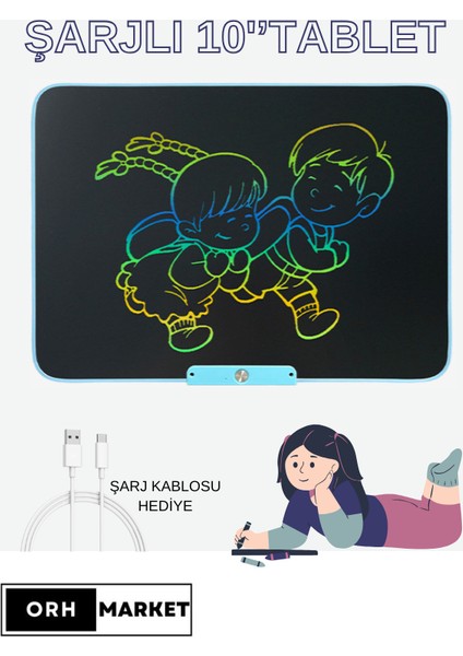 Mavi 10 İnç LCD Çizim Tableti – Şarjlı, Dijital Kalemli, USB Kablolu, Renkli Ekranlı Yazı Tableti
