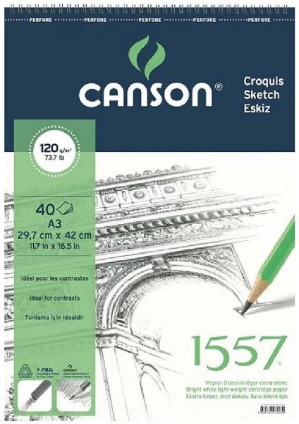 1557 Eskiz Çizim Defteri 120 Gr. Üstten Spiralli A3 40 Sayfa