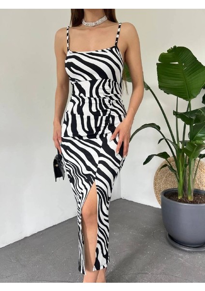 Kadın Zebra Baskılı Omuz Askılı Sırt Dekolteli Yırtmaç Detay Elbise fiyatları