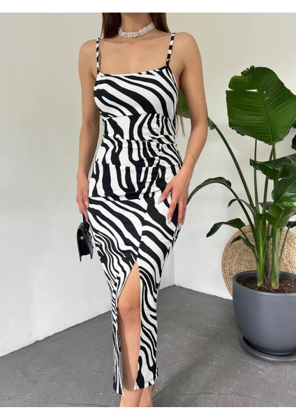 Kadın Zebra Baskılı Omuz Askılı Sırt Dekolteli Yırtmaç Detay Elbise modelleri