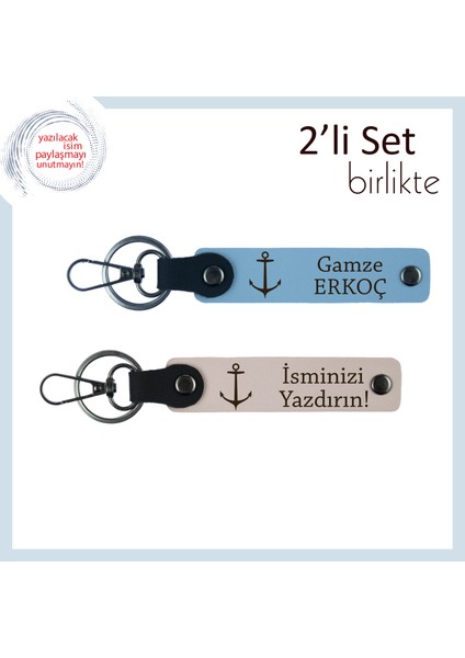 Çıpa Desenli Anahtarlık, Denizcilik Stiline Uygun Kişisel Yazı Eklenebilir Takım, Gök Mavi-Pudra
