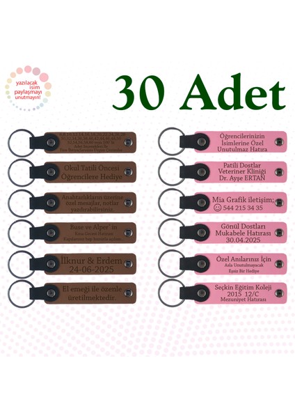 A Kahve & Pembe, Tatil Arkadaşlarına Veda Hediyesi, 30’lu Set, Kişiye Özgü Yazılı Deri Anahtarlık