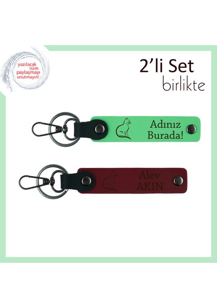 Mırıl Mırıl Aşkınıza Hediye, Kedi Temalı, Kişisel Deri Anahtarlık, Fıstık Yeşil-Bordo