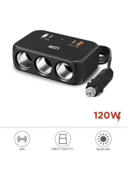 G18 120W Çoklu Çıkışlı Araç Şarj Cihazı – 2x Type-C, Usb, Qc4.0 & 3 Çakmaklık Girişli