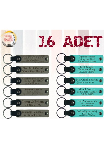 Kül Gri & Turkuaz, 16’lı Set, Isim Yazılı Anlamlı Deri Hediyelik, Macera Kampı Ekibine Veda Anısı