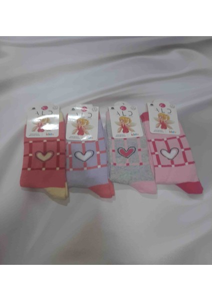 Pembe 4'lü Renkli Kalp Desenli %80 Pamuk Cotton %15 Polyamide %5 Elastan Kız Çocuk Soket Çorap 9-10 yaş