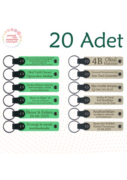 F Yeşili & S Kahve, Düğün Davetlilerine Hediye, 20’li Set, Kişiye Özel Yazılı Deri Anahtarlık