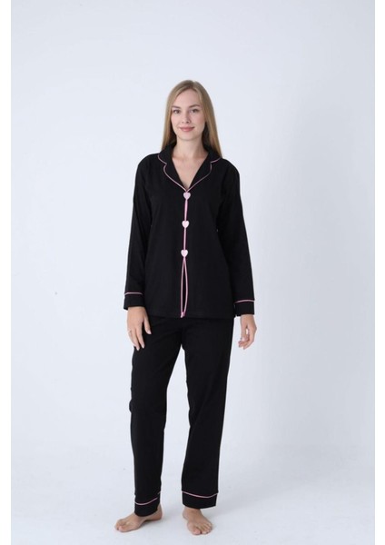 Kalp Nakışlı Pamuklu Uzun Kollu Kadın Pijama Takımı