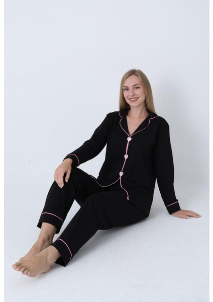 Kalp Nakışlı Pamuklu Uzun Kollu Kadın Pijama Takımı fiyatları