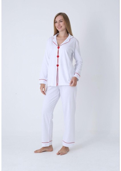 Kalp Nakışlı Pamuklu Uzun Kollu Kadın Pijama Takımı