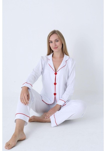 Kalp Nakışlı Pamuklu Uzun Kollu Kadın Pijama Takımı fiyatları