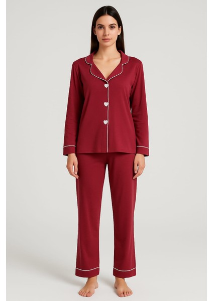 Kalp Nakışlı Pamuklu Uzun Kollu Kadın Pijama Takımı