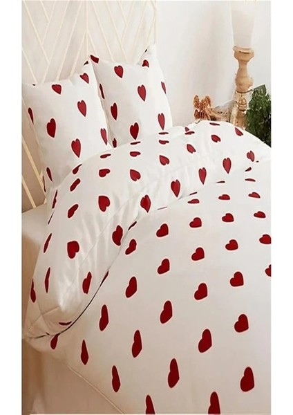 Kalp Desenli Çift Kişilik Nevresim Takımı Lastikli Çarşaflı Beyaz - Kırmızı