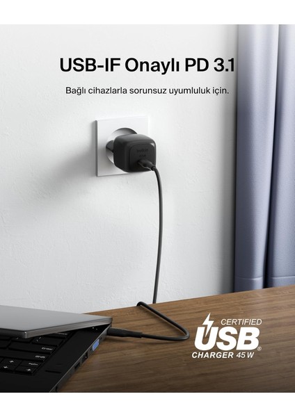 Kompakt Duvar Hızlı Şarj Cihazı 45 W + Usb-C - Usb-C Kablosu indirimleri