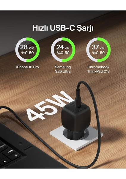 Kompakt Duvar Hızlı Şarj Cihazı 45 W + Usb-C - Usb-C Kablosu