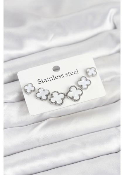 316L Çelik Gümüş Beyaz Renk 3 Boy Yonca Küpe Seti - TJ-BKP11236