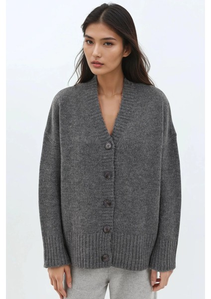 Kadın Kalın V-Yaka Örgü Hırka Gri