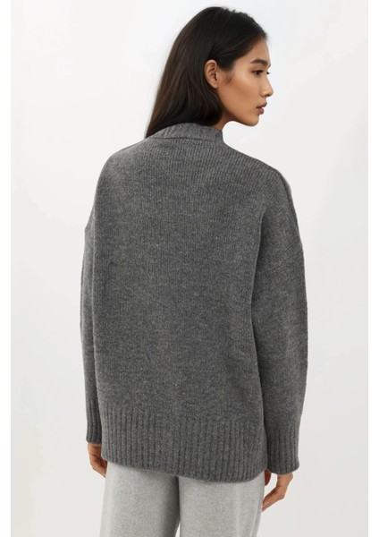 Kadın Kalın V-Yaka Örgü Hırka Gri