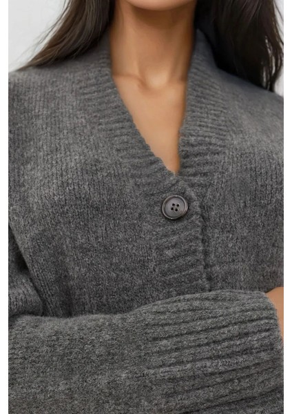 Kadın Kalın V-Yaka Örgü Hırka Gri