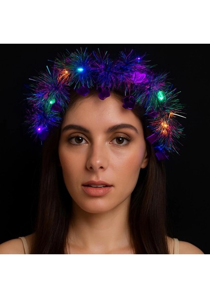 Kalp Püsküllü Gece Parıltısı 3 Modlu Led&amp;apos;li Işıklı Taç Mor Renk (4887)