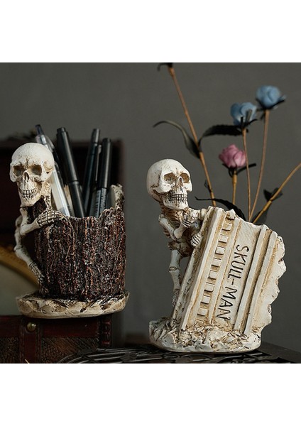 Makyaj Fırçası Tutucu Cadılar Bayramı Iskeleti Reçine Heykel Pencil Konteyner Tutucu Masaüstü Kırtasiye Organizatörleri Kalemler Için C Için (Yurt Dışından) modelleri