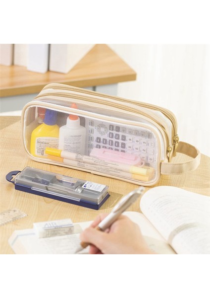 Grid Mesh Kalem Kutusu 2 Bölmeli Kalem Çantaları Öğrenciler Için Açık Kahverengi (Yurt Dışından) indirimleri