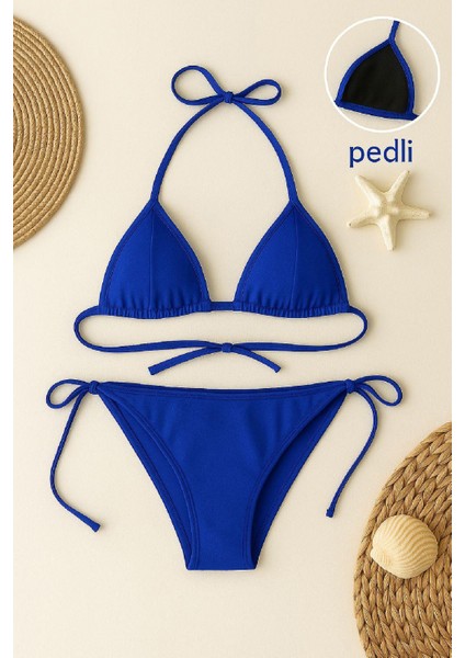 Kadın Mavi Yandan ve Boyundan Bağlamalı Bikini Mayo Takımı