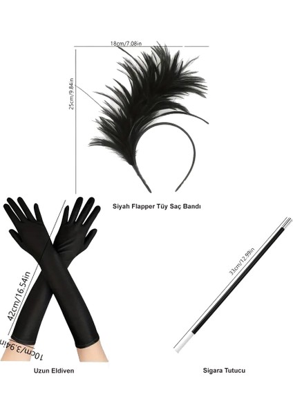 1920'LER Üçlü Gatsby Aksesuar Seti- Siyah Flapper Tüy Saç Bandı, Uzun Eldiven, Sigaralık fiyatları