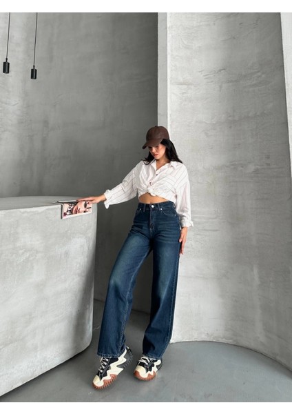 Palazzo Bıyık Enzim Yıkama Jeans Pantolon Koyu Mavi D2008 fiyatları