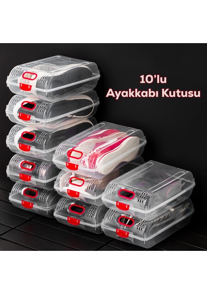 204-10 Kadın ve Çocuk Ayakkabı Saklama Kutusu - Şeffaf Pratik Ayakkabı Kabı Düzenleyici Saklama Seti 10 Adet