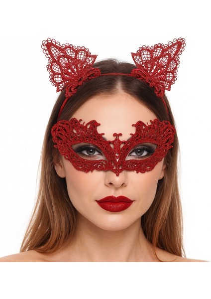Şık Kırmızı Dantel Maske ve Taç Seti 5 No – Maskeli Balo &amp;amp;amp; Özel Etkinlikler (4887)